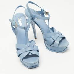 Pre Owned Saint Laurent Light Blue Leather Tribute Sandals Size 40
