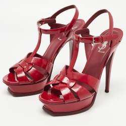 Pre Owned Saint Laurent Dark Red Patent Leather Tribute Sandals Size 39