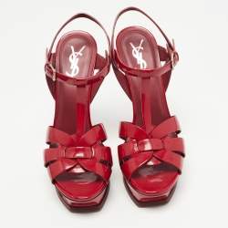 Pre Owned Saint Laurent Dark Red Patent Leather Tribute Sandals Size 39
