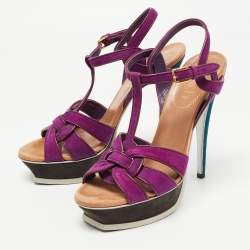 Pre Owned Saint Laurent Multicolor Suede and Leather Tribute Sandals Size 39