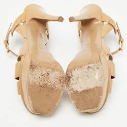 Pre Owned Saint Laurent Beige Patent Leather Tribute Sandals Size 37.5