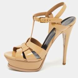 Pre Owned Saint Laurent Beige Patent Leather Tribute Sandals Size 37.5