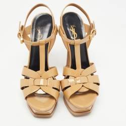Pre Owned Saint Laurent Beige Patent Leather Tribute Sandals Size 37.5