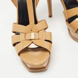 Pre Owned Saint Laurent Beige Patent Leather Tribute Sandals Size 37.5