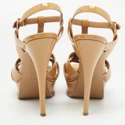 Pre Owned Saint Laurent Beige Patent Leather Tribute Sandals Size 37.5