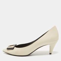 Pre Owned Saint Laurent Cream/Navy Blue Leather Anais Bow Pumps Size 39