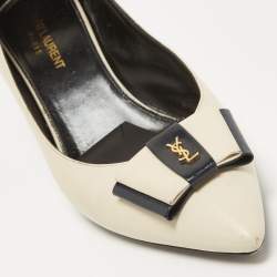 Pre Owned Saint Laurent Cream/Navy Blue Leather Anais Bow Pumps Size 39