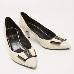 Pre Owned Saint Laurent Cream/Navy Blue Leather Anais Bow Pumps Size 39