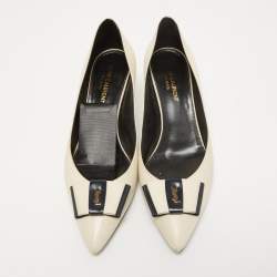Pre Owned Saint Laurent Cream/Navy Blue Leather Anais Bow Pumps Size 39