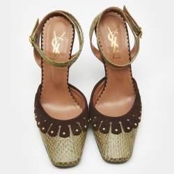 Pre Owned Saint Laurent Paris Green/Brown Python and Suede Ankle Strap Pumps Size 39