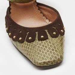Pre Owned Saint Laurent Paris Green/Brown Python and Suede Ankle Strap Pumps Size 39