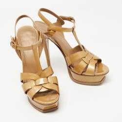Pre Owned Saint Laurent Gold Patent Leather Tribute Sandals Size 39