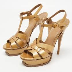 Pre Owned Saint Laurent Gold Patent Leather Tribute Sandals Size 39