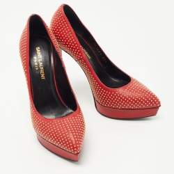 Pre Owned Saint Laurent Red Studded Leather Janis Platform Pumps Size 35.5