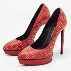 Pre Owned Saint Laurent Red Studded Leather Janis Platform Pumps Size 35.5