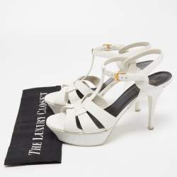 مملوكة مسبقًا Saint Laurent White Lizard Embossed Leather Tribute Sandals Size 39.5