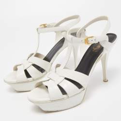 مملوكة مسبقًا Saint Laurent White Lizard Embossed Leather Tribute Sandals Size 39.5