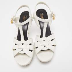 مملوكة مسبقًا Saint Laurent White Lizard Embossed Leather Tribute Sandals Size 39.5