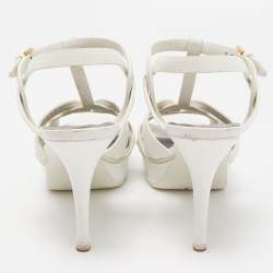 مملوكة مسبقًا Saint Laurent White Lizard Embossed Leather Tribute Sandals Size 39.5