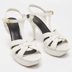 مملوكة مسبقًا Saint Laurent White Lizard Embossed Leather Tribute Sandals Size 39.5