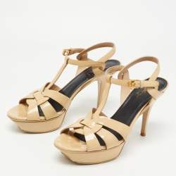 Pre Owned Saint Laurent Beige Patent Leather Tribute Sandals Size 39.5