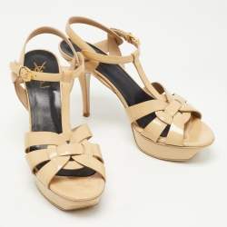 Pre Owned Saint Laurent Beige Patent Leather Tribute Sandals Size 39.5