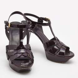 Pre Owned Saint Laurent Burgundy Patent Leather Tribute Platform Ankle Strap Sandals Size 39