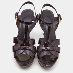 Pre Owned Saint Laurent Burgundy Patent Leather Tribute Platform Ankle Strap Sandals Size 39