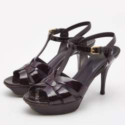 Pre Owned Saint Laurent Burgundy Patent Leather Tribute Platform Ankle Strap Sandals Size 39