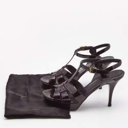 Pre Owned Saint Laurent Burgundy Patent Leather Tribute Platform Ankle Strap Sandals Size 39