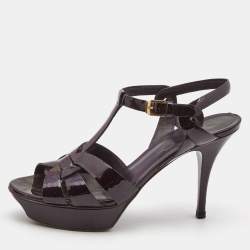 Pre Owned Saint Laurent Burgundy Patent Leather Tribute Platform Ankle Strap Sandals Size 39