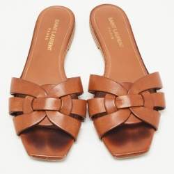 Saint Laurent Brown Leather Tribute Flat Slides Size 37 