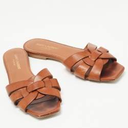 Saint Laurent Brown Leather Tribute Flat Slides Size 37 
