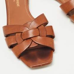 Saint Laurent Brown Leather Tribute Flat Slides Size 37 
