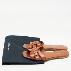 Saint Laurent Brown Leather Tribute Flat Slides Size 37 