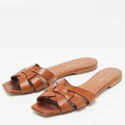 Saint Laurent Brown Leather Tribute Flat Slides Size 37 