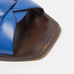 Pre Owned Saint Laurent Blue Leather Tribute Slide Flats Size 37