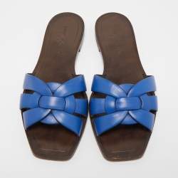 Pre Owned Saint Laurent Blue Leather Tribute Slide Flats Size 37