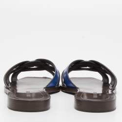 Pre Owned Saint Laurent Blue Leather Tribute Slide Flats Size 37