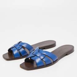 Pre Owned Saint Laurent Blue Leather Tribute Slide Flats Size 37