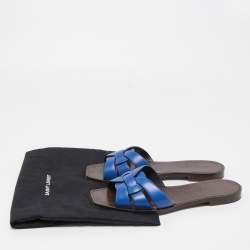 Pre Owned Saint Laurent Blue Leather Tribute Slide Flats Size 37