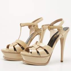 Pre Owned Saint Laurent Beige Patent Leather Tribute Sandals Size 35.5