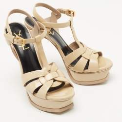 Pre Owned Saint Laurent Beige Patent Leather Tribute Sandals Size 35.5