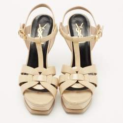 Pre Owned Saint Laurent Beige Patent Leather Tribute Sandals Size 35.5