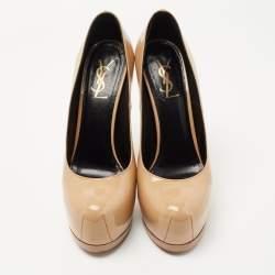 Saint Laurent Beige Patent Leather Tribtoo Platform Pumps Size 38.5