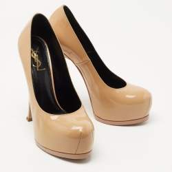 Saint Laurent Beige Patent Leather Tribtoo Platform Pumps Size 38.5