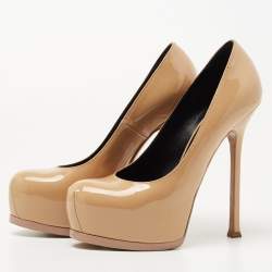 Saint Laurent Beige Patent Leather Tribtoo Platform Pumps Size 38.5