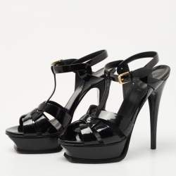 Pre Owned Saint Laurent Navy Blue Patent Tribute Sandals Size 36