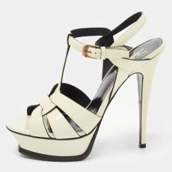Saint Laurent White Patent Leather Tribute Platform Ankle Strap Sandals Size 37