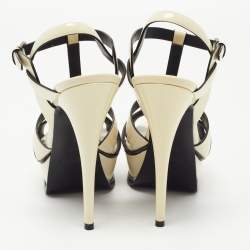 Saint Laurent White Patent Leather Tribute Platform Ankle Strap Sandals Size 37